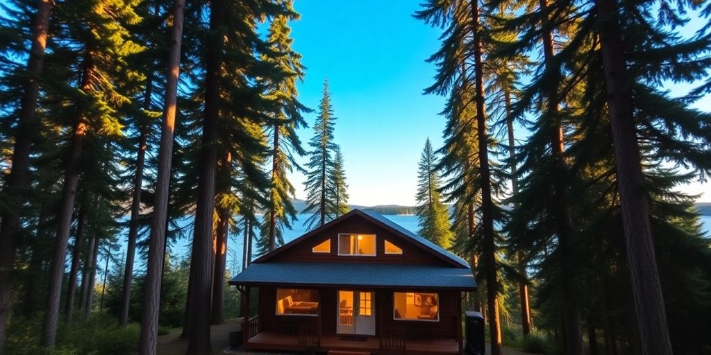 Cozy cabin surrounded by trees and a peaceful lake.