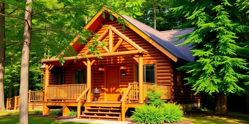 Cozy log cabin in a lush forest setting.