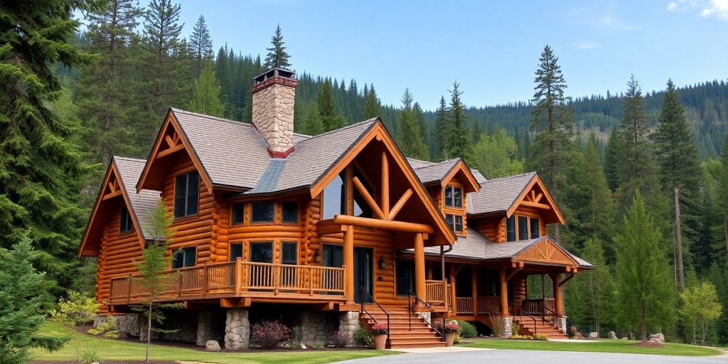 Beautiful log home in Idaho surrounded by lush greenery.